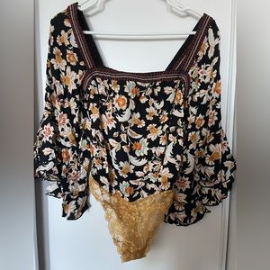 Free People Bodysuit Floral Bell Sleeves